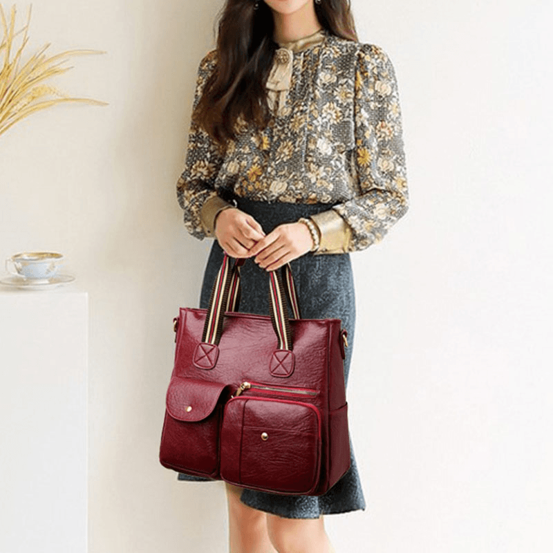 Women PU Leather Large Capacity Multi-Pocket Elegant Tote Crossbody Bags Shoulder Bag Handbag - MRSLM