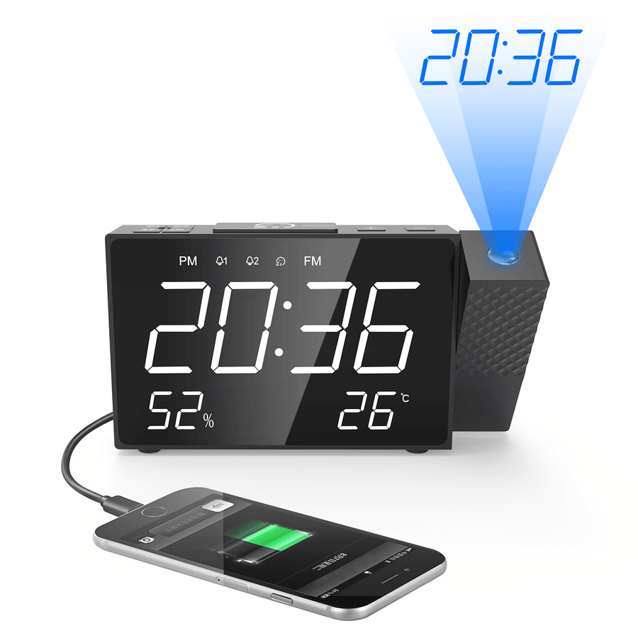 Projection Alarm Clock Digital FM Radio Dual Alarm Volume Snooze Time Humidity Temperature Display - MRSLM