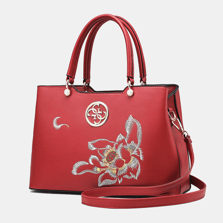 Women Vintage Chinese Style Gardenia Flower Embroidered Handbag Large Capacity Multi-Pocket Multi-Carry PU Leahter Crossbody Bag - MRSLM