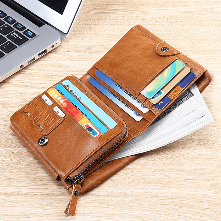 Men Genuine Leather Zipper Pocket 12 Slots Trifold Wallet - MRSLM