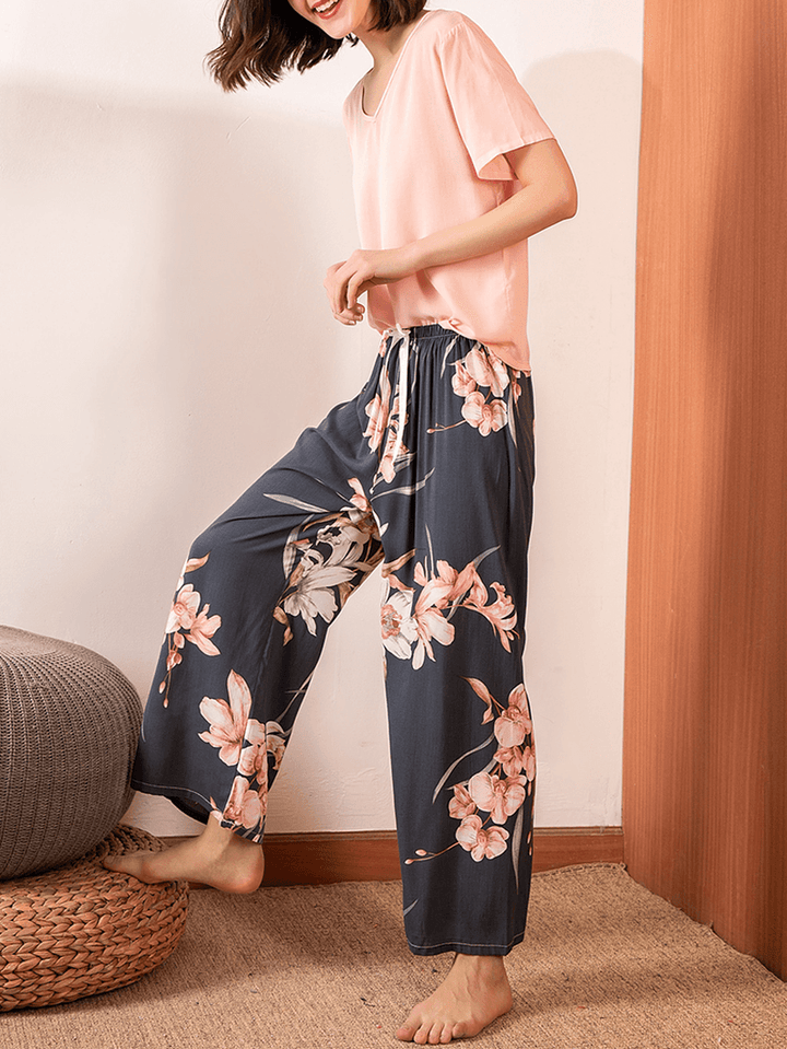 Women Short Sleeve Tops Tropical Floral Print Wide Leg Pants Soft Pajama Set - MRSLM