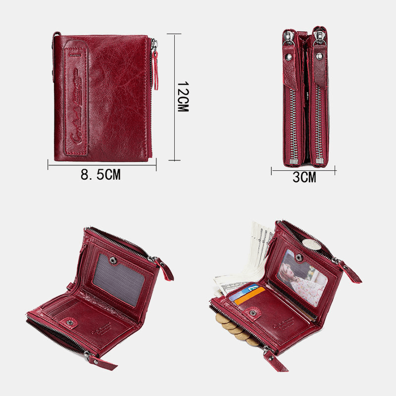 Genuine Leather Multifunction Multi-Slot Double Zipper Casual Brief Solid Color Card Holder Wallet - MRSLM