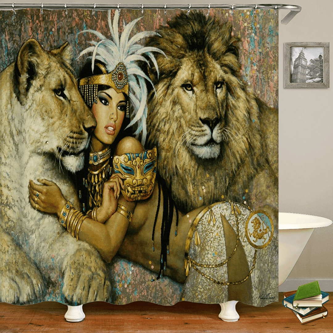 African Woman Egypt Queen and Lion Waterproof Bathroom Set Shower Curtain Bath Mats Floor Doormat Rugs - MRSLM