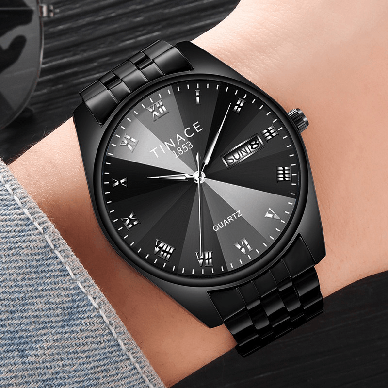 TINACE Men Luminous Display Fashion Blue Black Dial Day Week Display Stainless Steel Quartz Watch - MRSLM