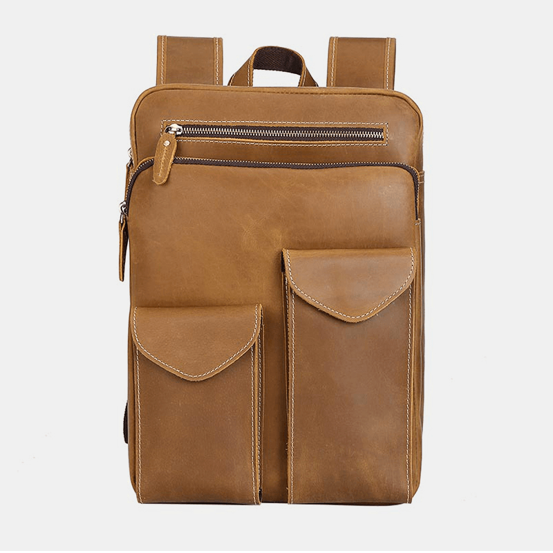 Men Genuine Leather Large Capacity Retro Casual Fashion 14 Inch Laptop Bag Travel Bag Business Backpack - MRSLM