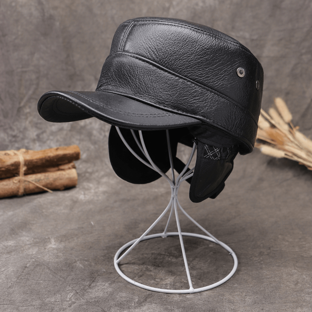 Men Genuine Leather Ear Protection All-Match Outdoor Fashion Warm Leather Baseball Hat - MRSLM