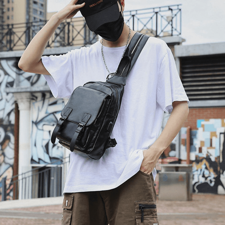 Men Retro Earphone Hole Multi-Carry USB Charging Multi-Layers Waterproof Crossbody Bag Chest Bag Sling Bag - MRSLM