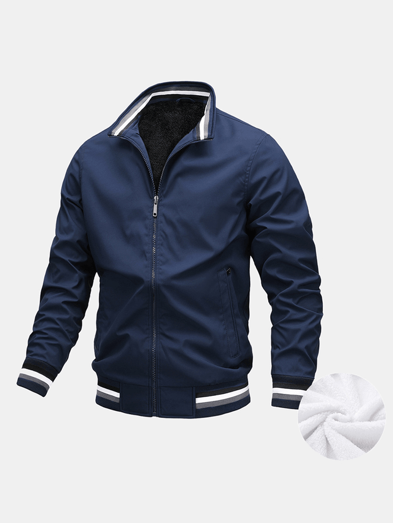 Mens Simple Solid Color Warm Plush Lined Jacket with Pocket - MRSLM