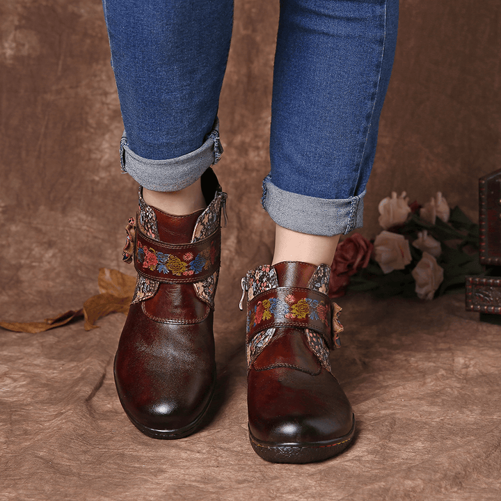 Retro Small Flowers Colorful Stitching Soft Leather Boots - MRSLM