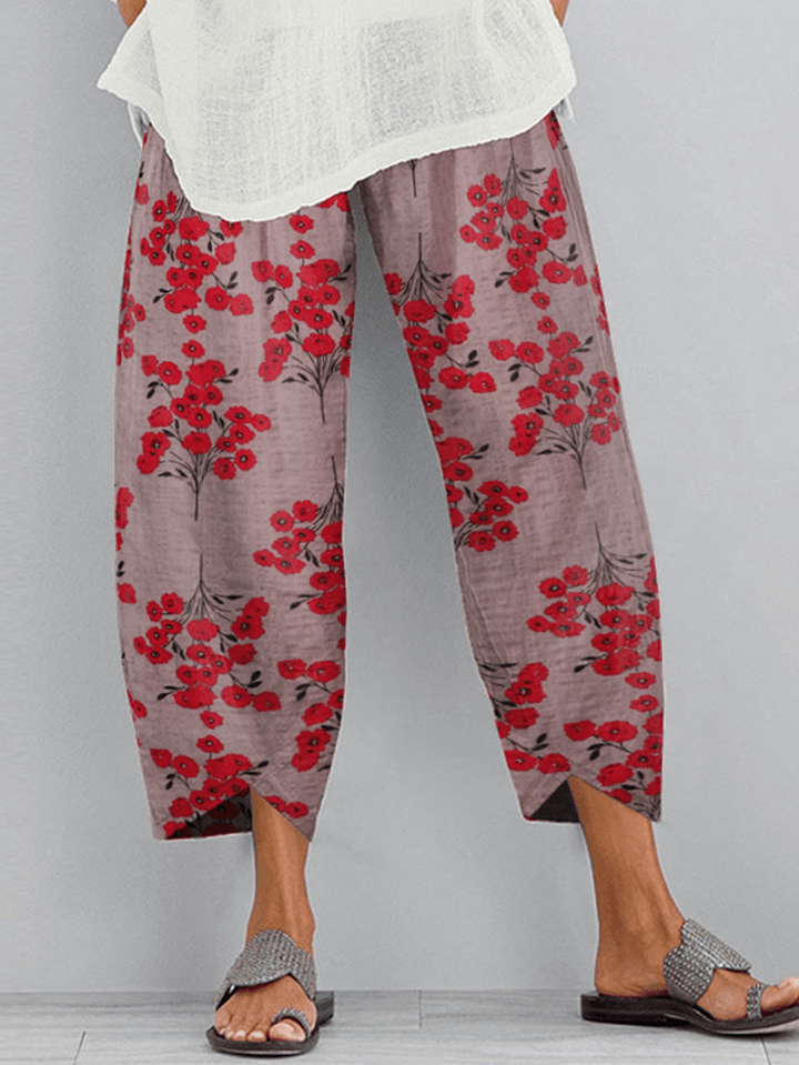 Floral Print Elastic Waist Loose Side Pocket Causal Irregular Hem Pants - MRSLM