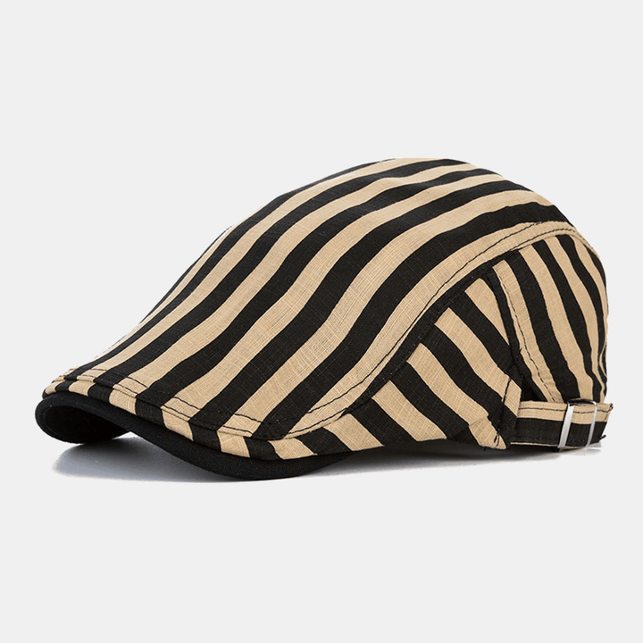 Men Cotton-Linen Striped Pattern Retro Forward Hat Flat Cap Beret Cap - MRSLM