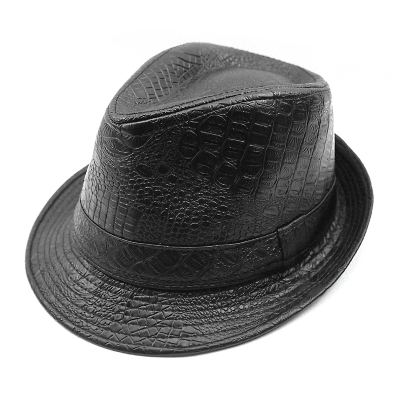 Mens PU Leather Crocodile Pattern Jazz Hat Outdoor Middle-Aged Wide Brimmed Fedora Hats - MRSLM