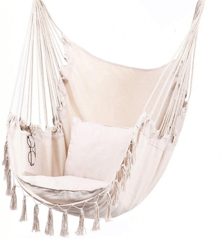 Tassel Hammock Rollover Prevention Canvas Swing Chair Hammock Hanging Seat Rope Porch Patio Garden Indoor Outdoor 100*130CM - MRSLM