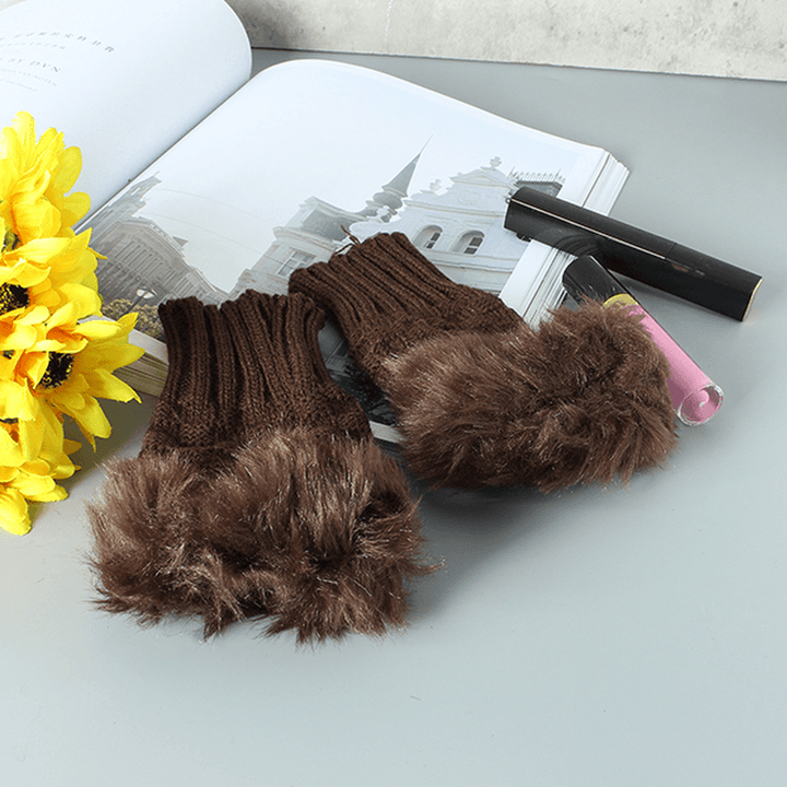 Women Winter Warm Knitted Thicken Fingerless Gloves Artificial Rabbit Hair Half Finger Sleeve - MRSLM