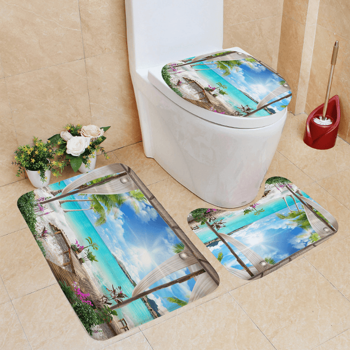 1/3Pcs Shower Curtain Set Bay Printing Toilet Cover Mat Bathroom Non-Slip Mat - MRSLM