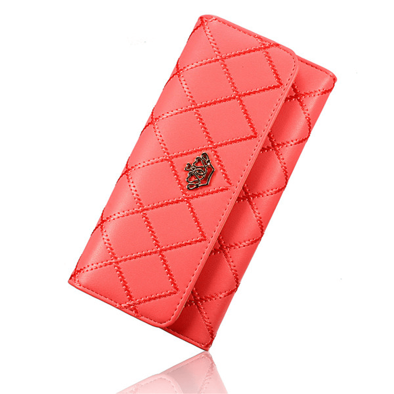 Women Quilted Crown Long Wallet Girls Candy Color Purse Card Holder Coin Bags - MRSLM