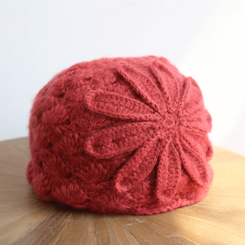 Ethnic Style Handmade Knitted Wool Hat Women Retro Elegant Flower Beret Beanie - MRSLM