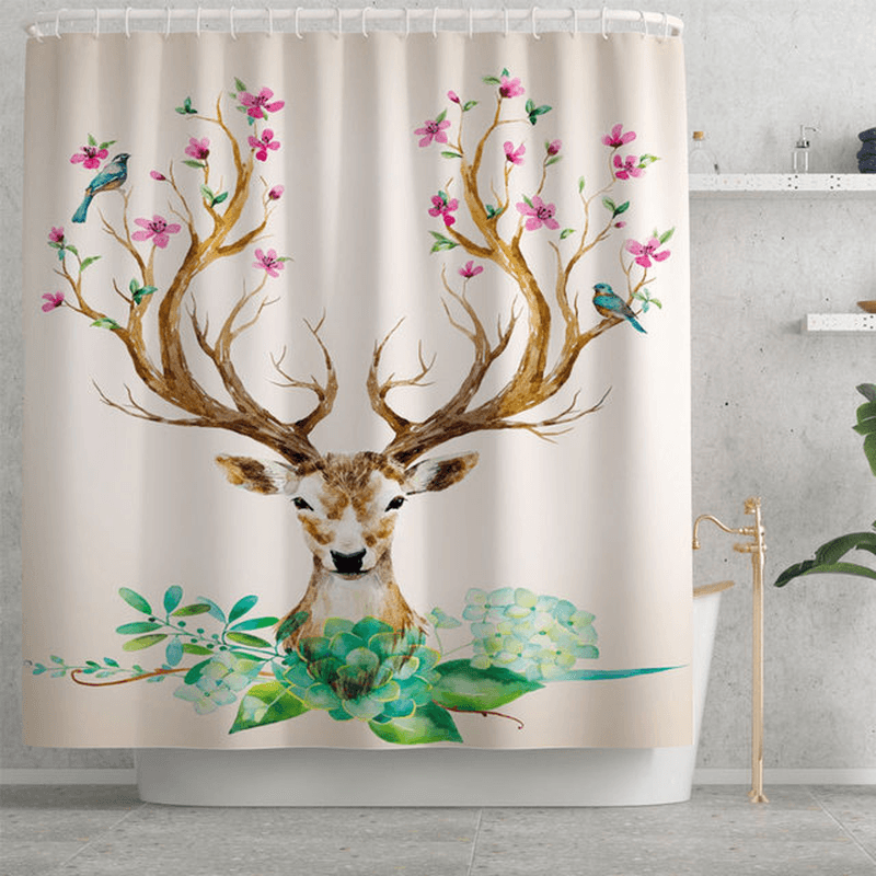 Elk Flower Printing Shower Curtain Floor Mat Four-Piece Combination Bathroom Mat Set - MRSLM