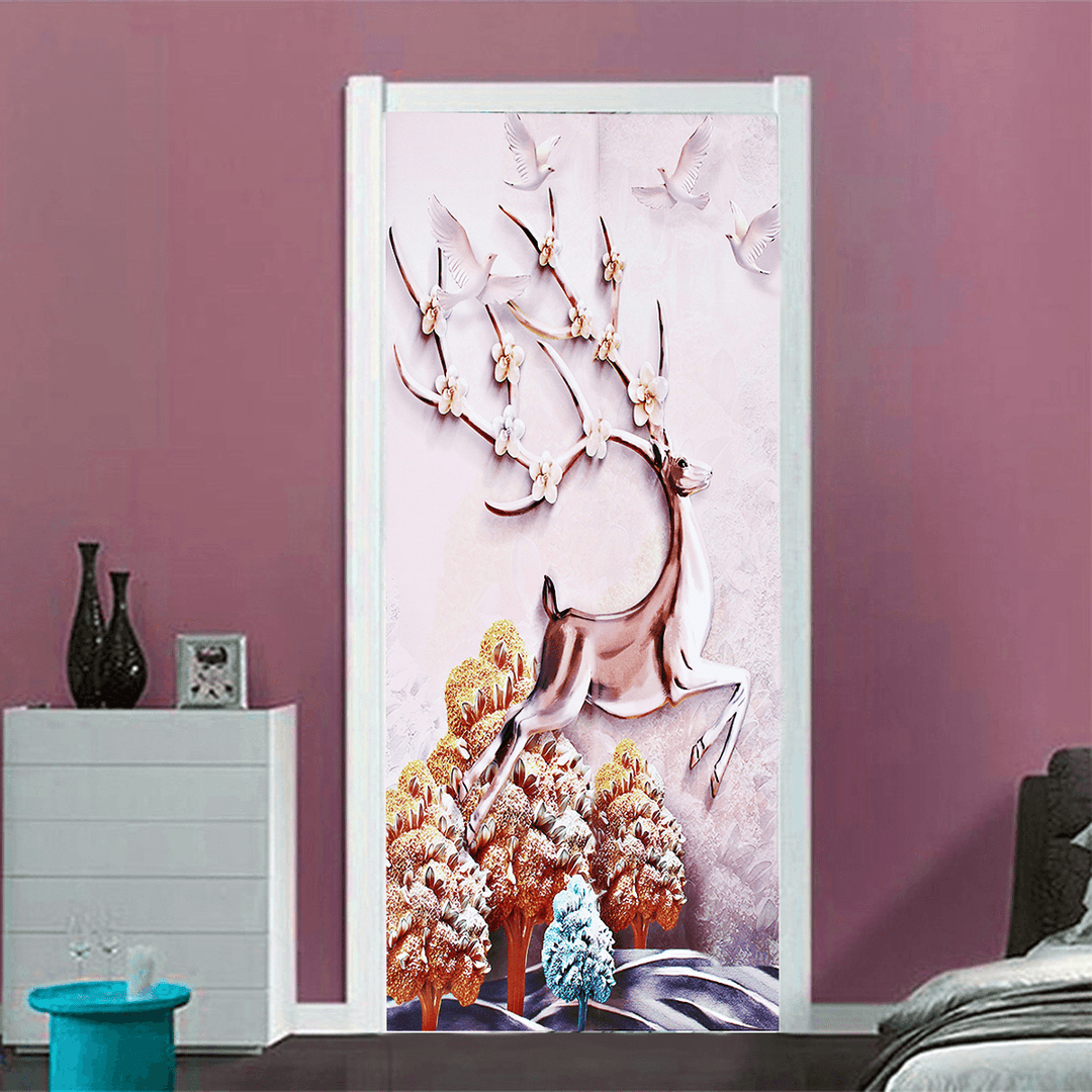 3D Door Wall Sticker Fridge Deer Sticker Wrap Mural Decal Art Decor Self Adhesive Room - MRSLM