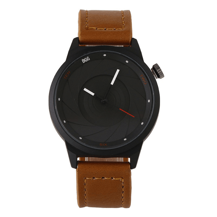 Creative Men Leather Strap Simple Back Aperture Pattern Dial White Needle Quartz Watch - MRSLM