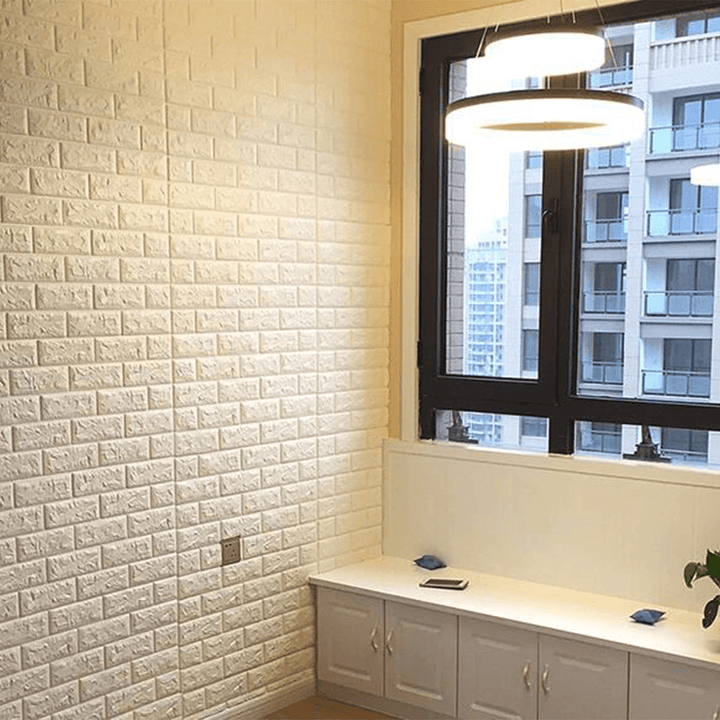 5Pcs 3D Waterproof Tile Brick Wall Sticker Self-Adhesive White Foam Panel 70X77Cm - MRSLM