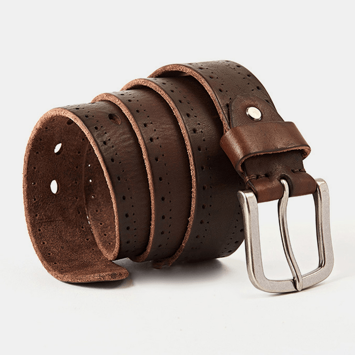 Men Genuine Leather Cowhide Hollow 110/115/120/125/130CM Retro Casual Pin Buckle Breathable Jeans Suits Belt - MRSLM