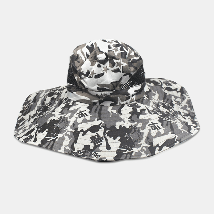 Men Camouflage Mesh Breathable Big Brim Outdoor Fishing Climbing Sunshade Bucket Hat - MRSLM