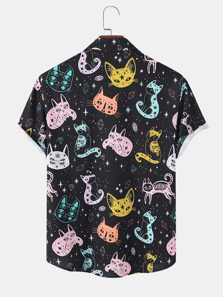 Mens Colorful Cartoon Cat Print Lapel Short Sleeve Shirt - MRSLM