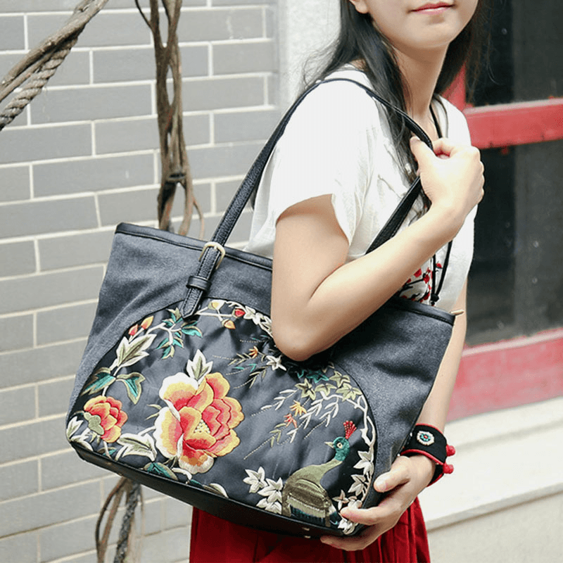 Women Canvas Ethnic Style Embroidered Floral Large Capacity Handbag Shoulder Bag Tote - MRSLM