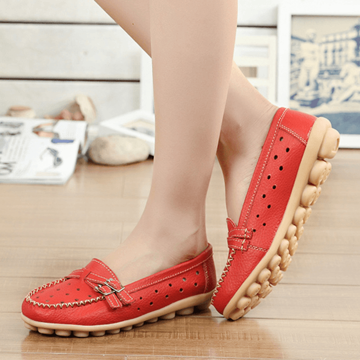 Women Flat Hollow Out Casual Soft Leather Slip on round Toe Loafers - MRSLM