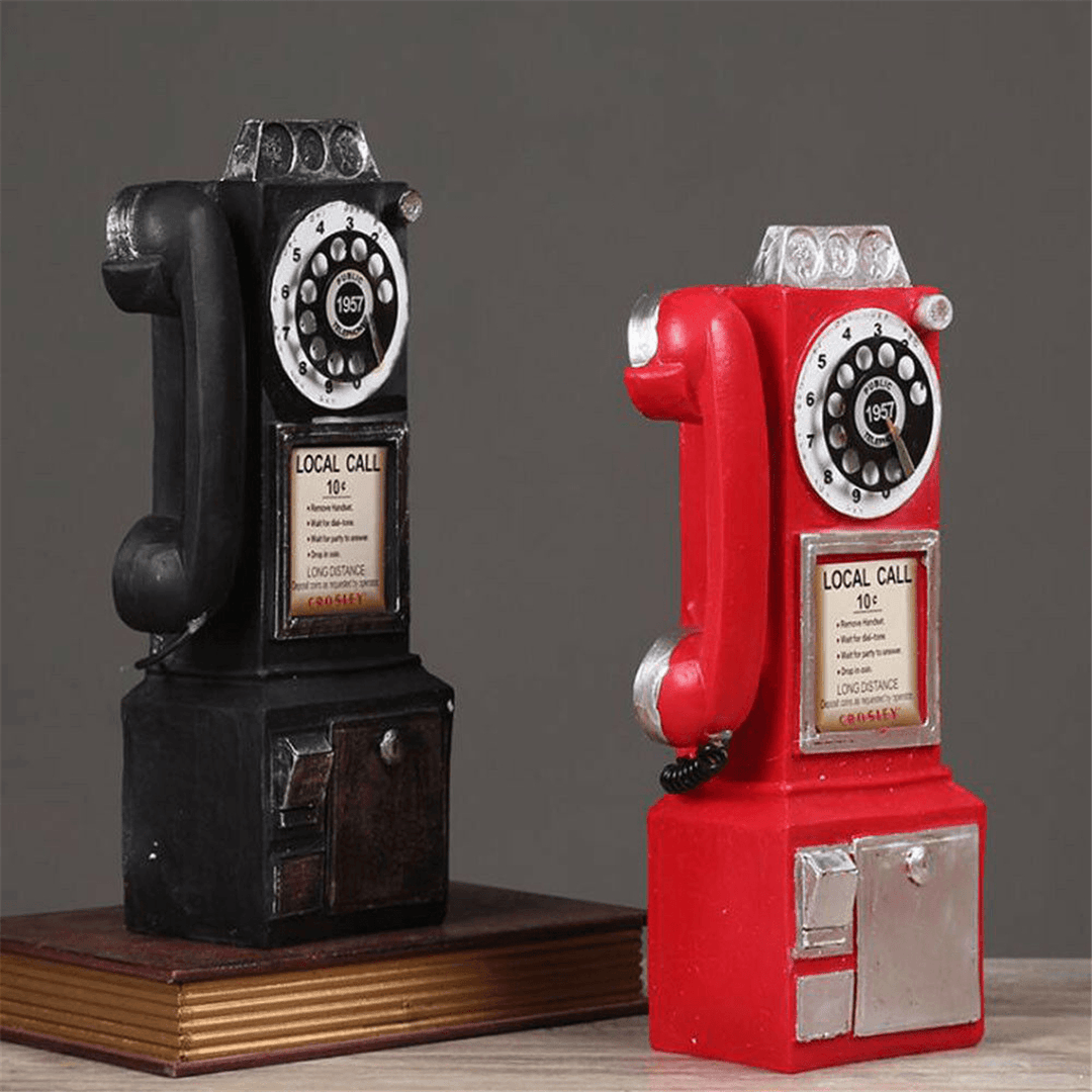 30Cm Black Vintage Rotary Dial Telephone Statue Model Phone Booth Figurine Decorations - MRSLM