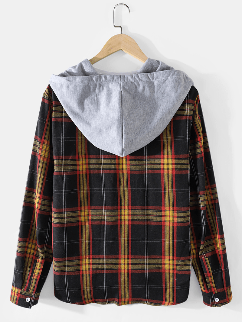 Mens Tartan Button up Long Sleeve Relaxed Fit Drawstring Hooded Jacket - MRSLM