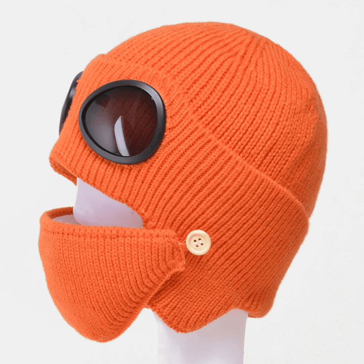 Unisex plus Velvet Thick Warm Neck Face Ear Protection Headgear Knitted Hat Mask Pilot Glasses - MRSLM