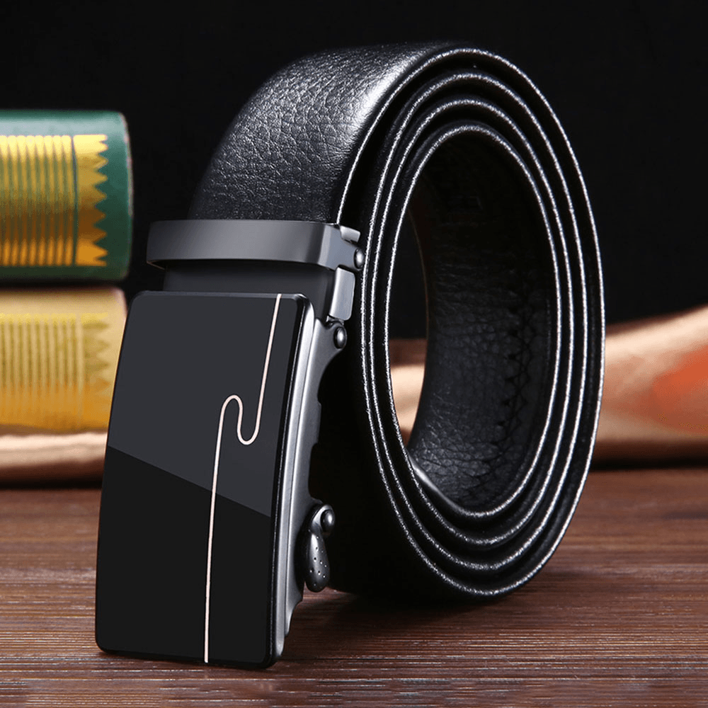 Men PU Leather Rectangular Acrylic Automatic Buckle Scratch-Resistant Business Casual Ratchet Belt - MRSLM