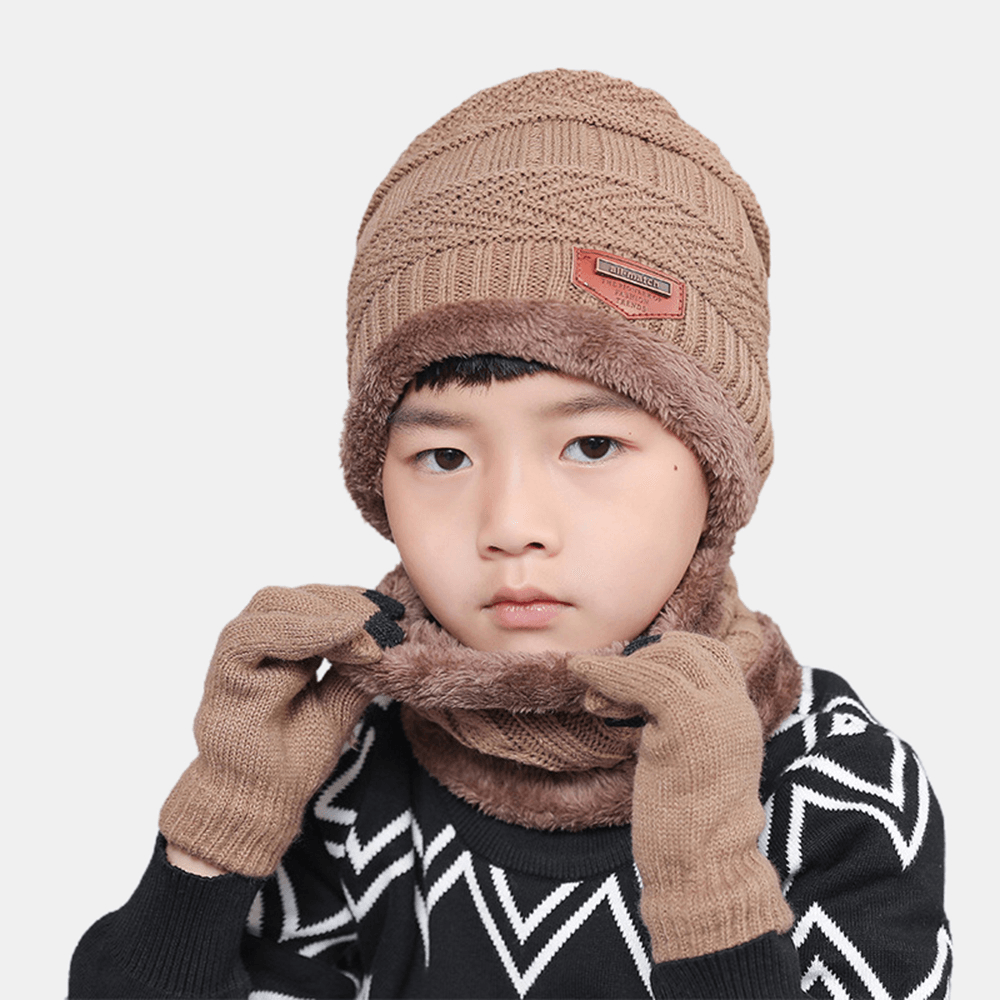 Men Child 3PCS Solid Color Keep Warm Sets Fashion Casual Wool Hat Beanie Scarf Full-Finger Gloves - MRSLM