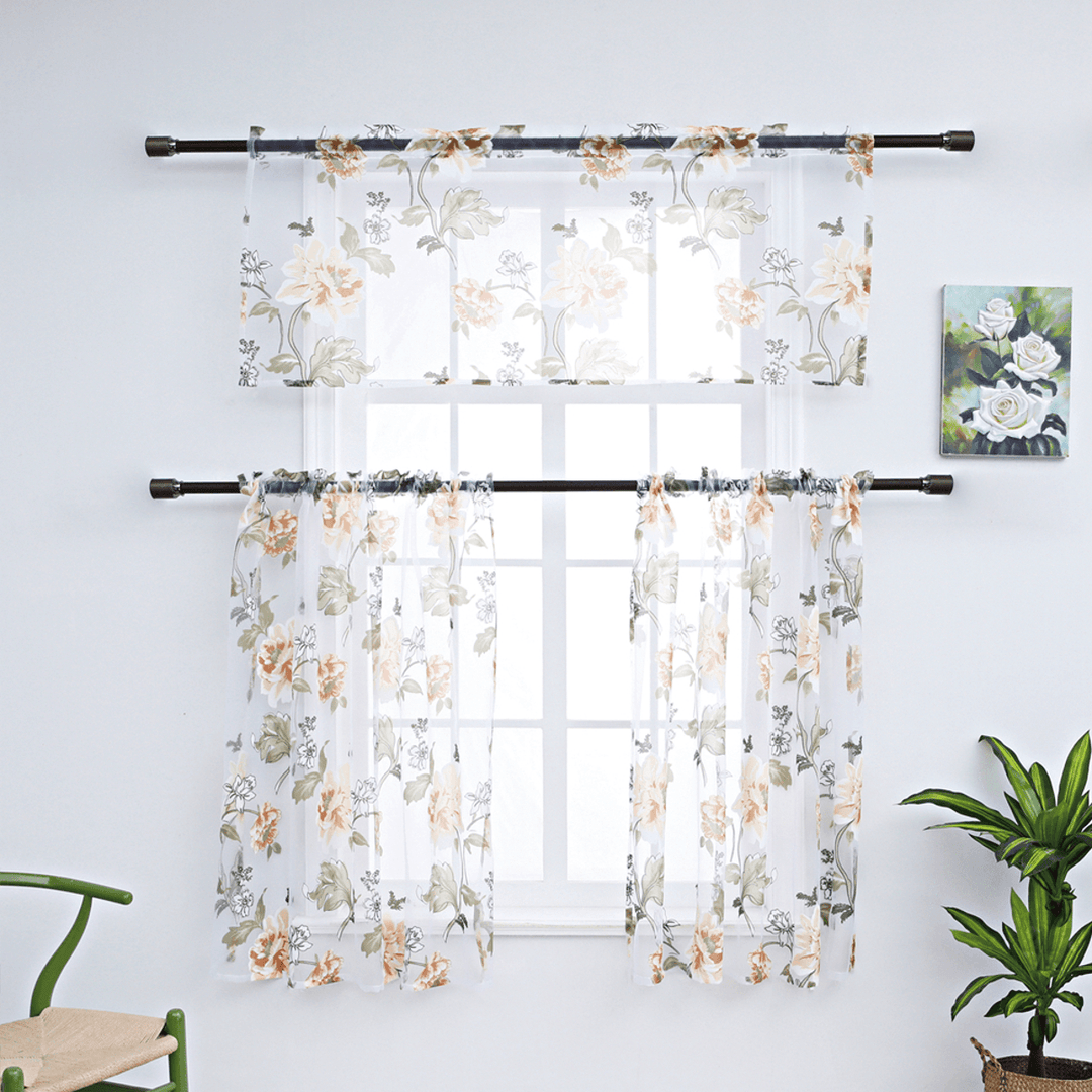 3 PCS Kitchen Curtain Washable Rod Pocket Curtain Tier Embroidered Floral Sheer Curtain - MRSLM