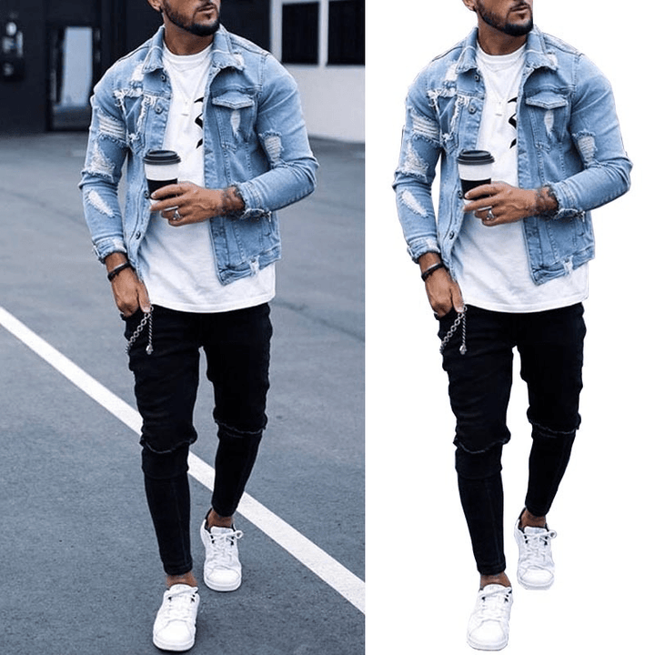 Lapel Men'S Denim Jacket Ripped Irregular Washed Jacket - MRSLM