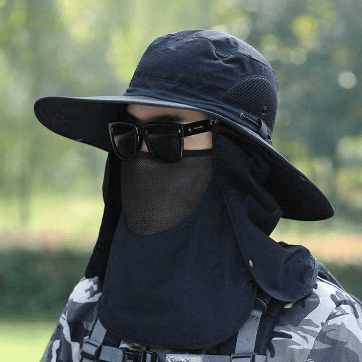 Unisex Big Brim Dual-Use Windproof Rope Mask Curtain Cover Face Summer Outdoor Fishing 360 Degree Sunshade Bucket Hat - MRSLM