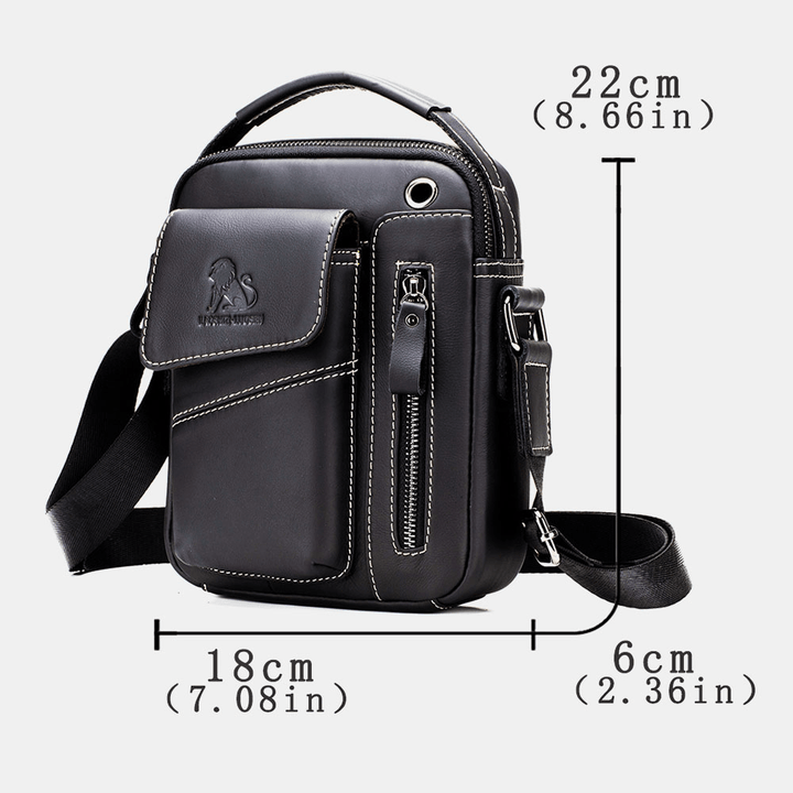 Men Genuine Leather Wear-Resistant Headphone Hole Multi-Pocket Vintage Crossbody Bag Shoulder Bag - MRSLM