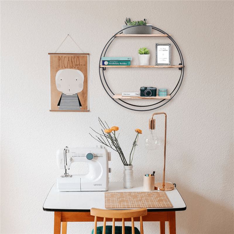 Round Wall Unit Retro Industrial Style Wood Metal Wall Shelf Rack Book Shelf Storage Rack - MRSLM