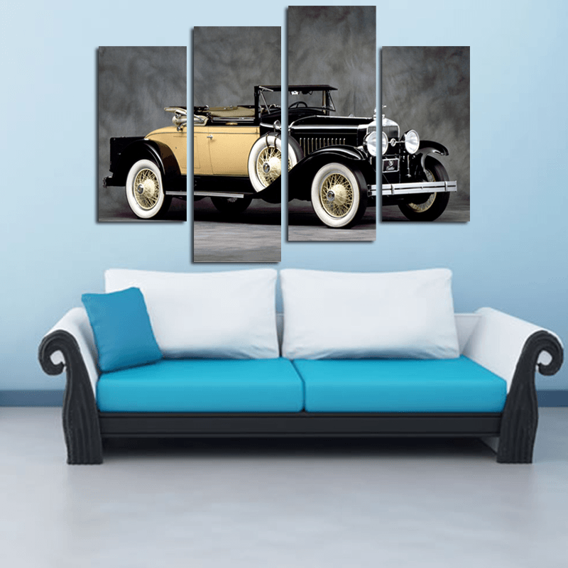 Miico Hand Painted Four Combination Decorative Paintings Retro Yellow Car Wall Art for Home Decoration - MRSLM