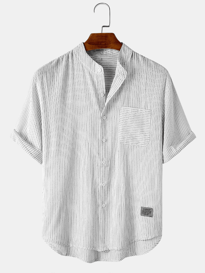 Holiday Style Mens Stripe Stand Collar Short Sleeve Cotton Shirts - MRSLM