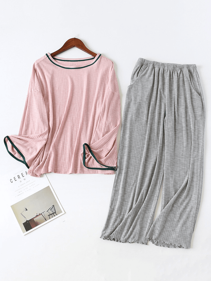 Plus Size Long Sleeve Loungewear Casual 2-Piece Textured Cotton Pajama Set - MRSLM