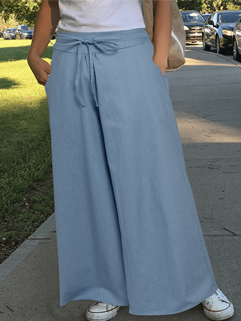 Women Solid Color Elastic Waist Cotton Casual Loose Wide Leg Pants - MRSLM