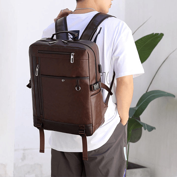 Men USB Charging Multi-Pocket PU Leather Backpack Fashion Casual Large Capacity 15.6 Inch Laptop Bag - MRSLM