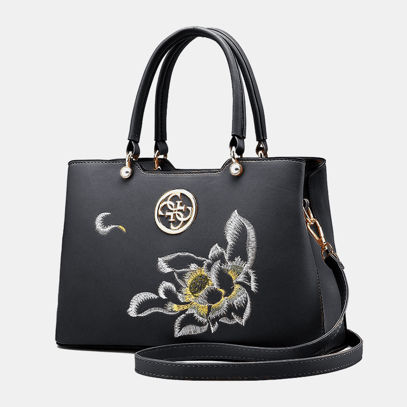 Women Vintage Chinese Style Gardenia Flower Embroidered Handbag Large Capacity Multi-Pocket Multi-Carry PU Leahter Crossbody Bag - MRSLM