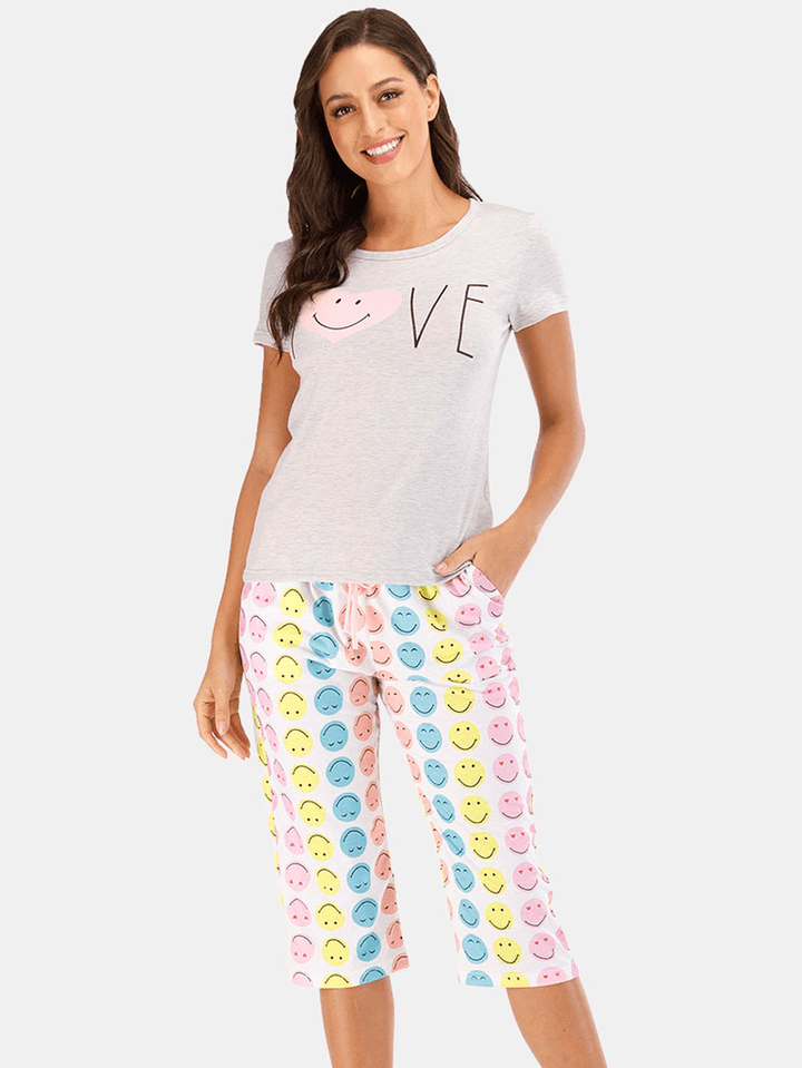 Women Funny Cartoon Smile Print Short Sleeve Two Piece Casual Pajama Set - MRSLM