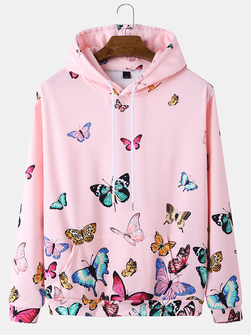 Men Butterfly Pattern Kangaroo Pocket Drawstring Hooded Sweatshirt - MRSLM