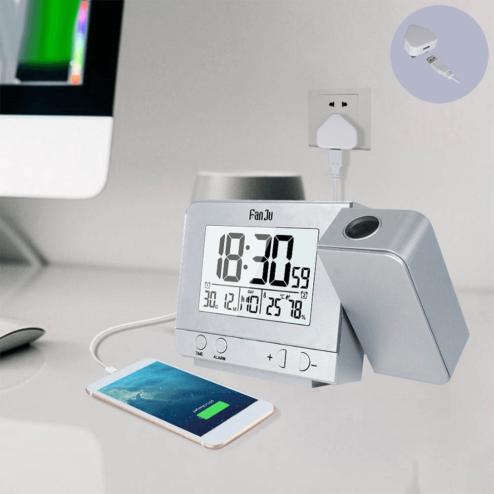 Fanju FJ3531 Projection Alarm Clock USB Charger Snooze Double Alarm Backlight Desk Clock - MRSLM