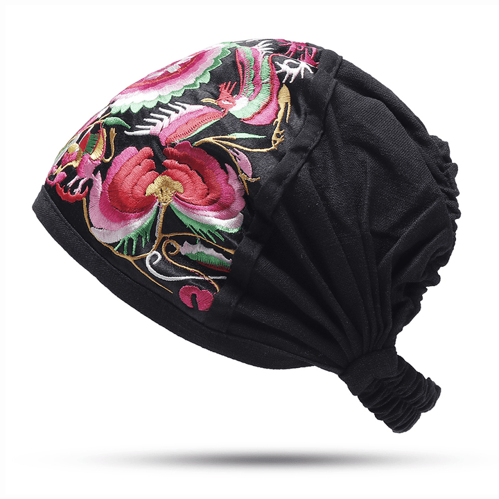 Women Vintage Floral Embroidered Beanie Caps Outdoor Good Elastic Turban Hat - MRSLM